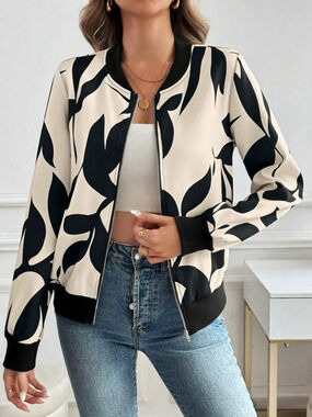 Zara Fall Winter Printed Zip Jacket Slim Fit Office Casual